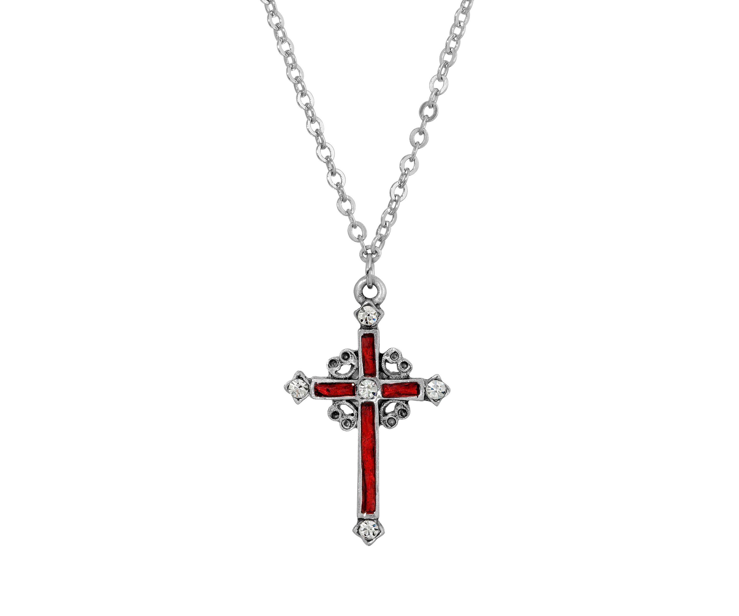 Pewter Red Hand Enamel Cross with Crystals Necklace - 18"