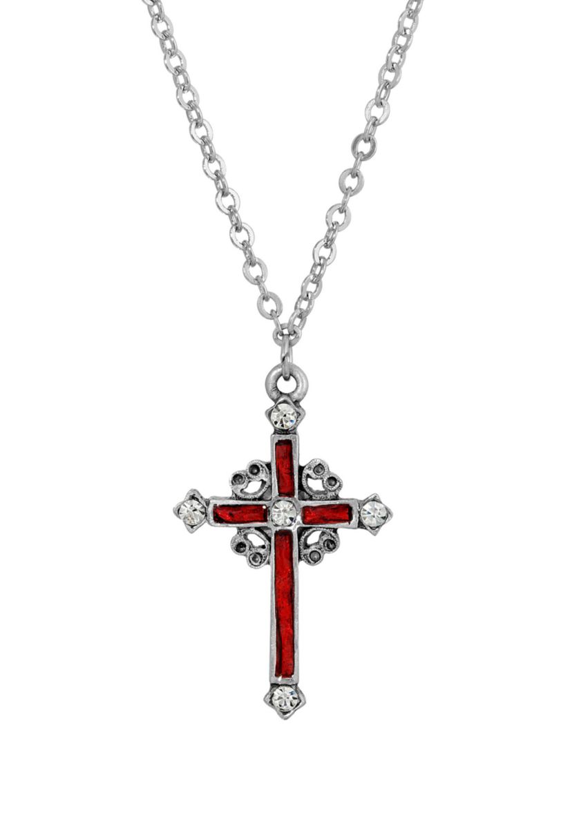 Pewter Red Hand Enamel Cross with Crystals Necklace - 18"