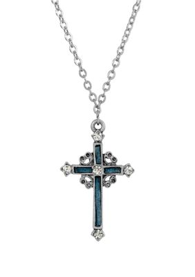 Pewter Hand Enamel Cross with Crystals Necklace