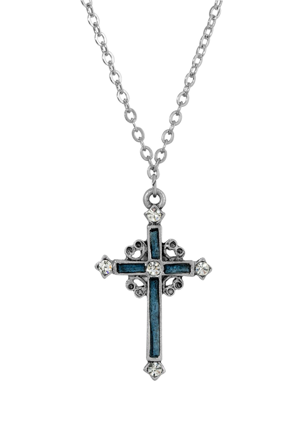 Pewter Blue Hand Enamel Cross with Crystals Necklace - 18"