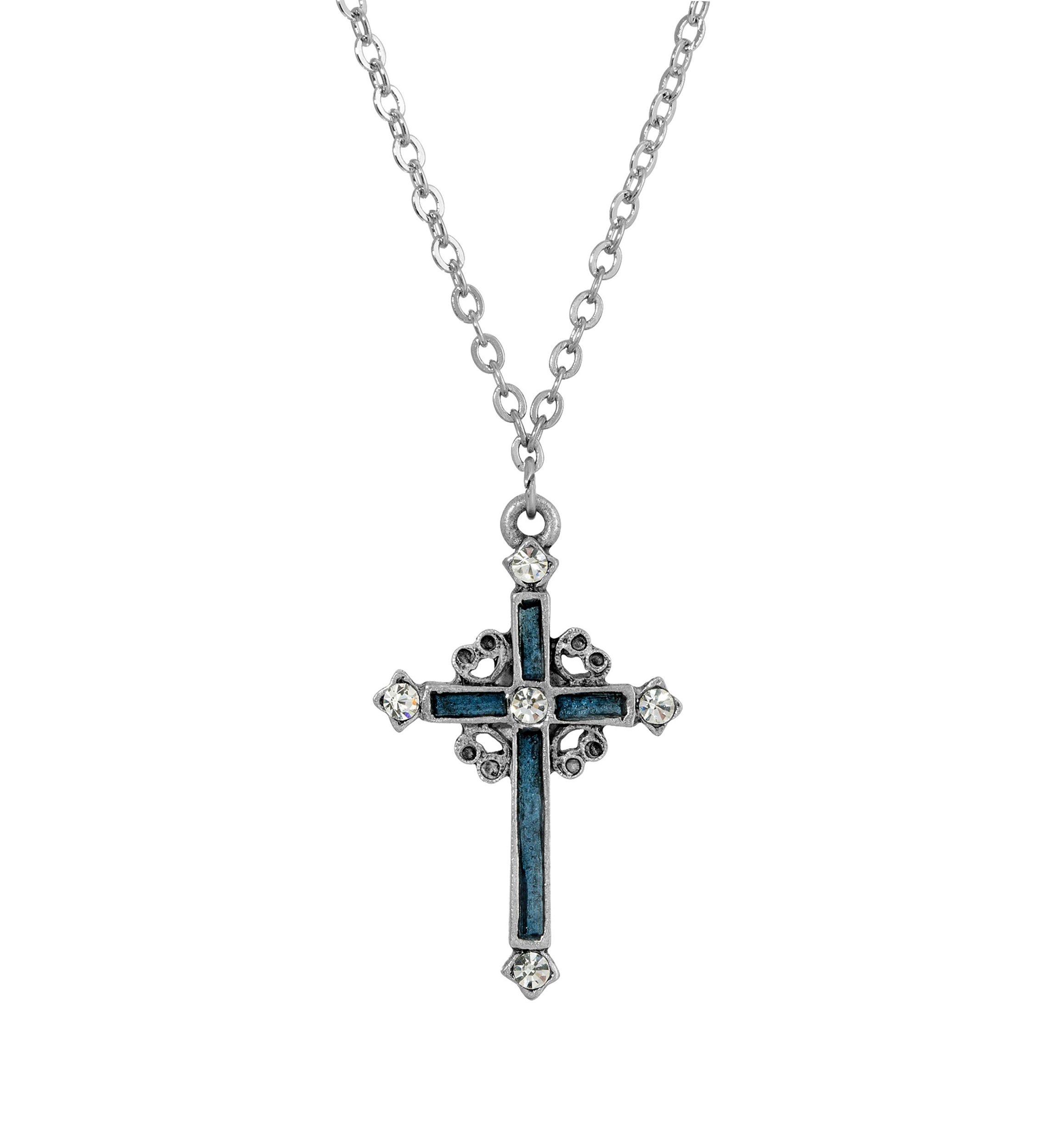 Pewter Blue Hand Enamel Cross with Crystals Necklace - 18"