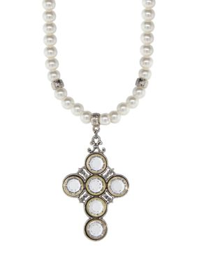 Pewter Cross Faux Pearl Clear Swarovski Crystal Necklace - 15" Adj.