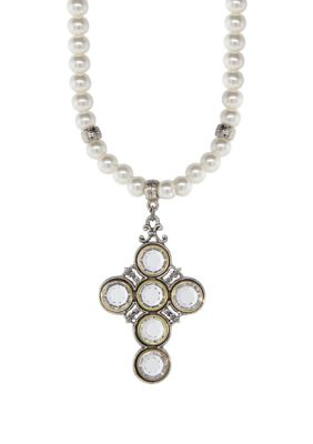 Symbols of Faith Pewter Cross Faux Pearl Clear Swarovski Crystal Necklace - 15" Adj