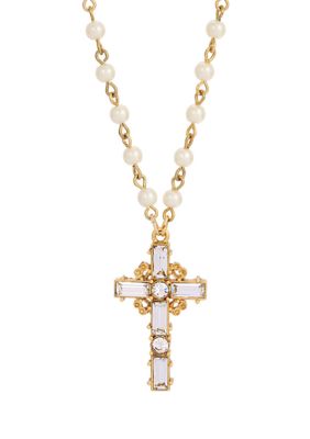 14K Gold Dipped Crystal Cross Faux Pearl Chain Necklace - 20"