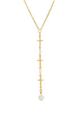 14K Gold Dipped Triple Cross Drop Faux Pearl Necklace - 16" Adj.