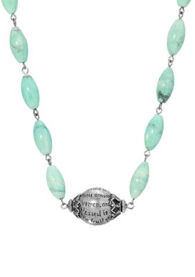 Silver Tone Hail Mary Beaded Prayer Turquoise Dyed Genuine Howlite Necklace - 15" Adj.