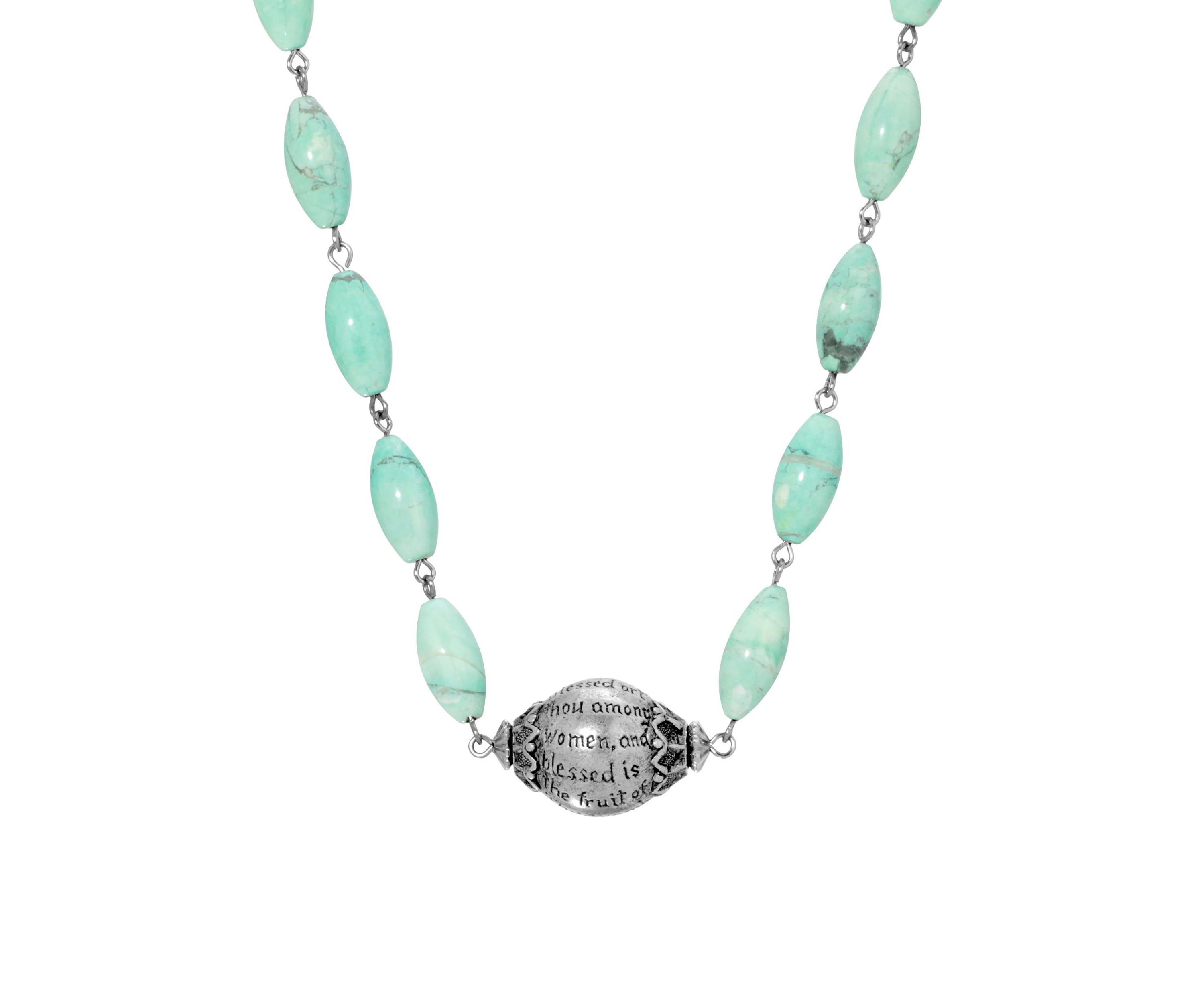 Silver Tone Hail Mary Beaded Prayer Turquoise Dyed Genuine Howlite Necklace - 15" Adj.