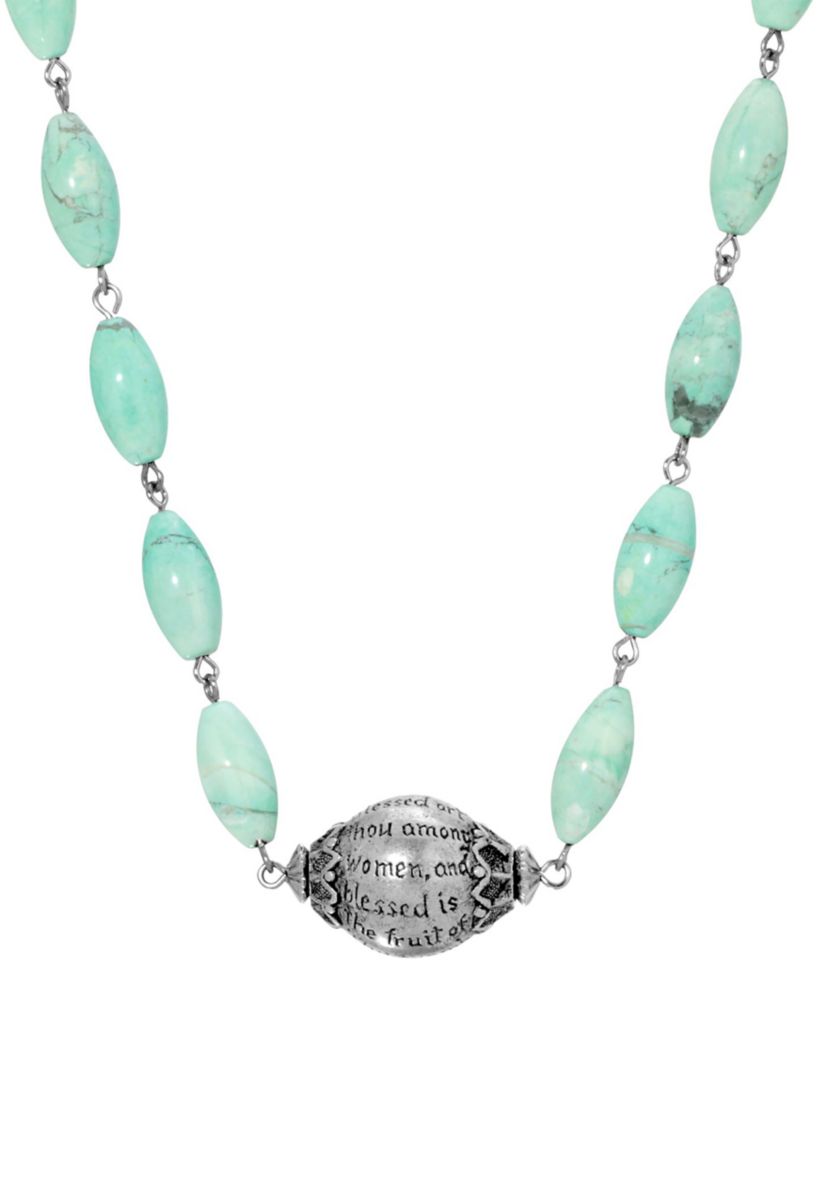 Silver Tone Hail Mary Beaded Prayer Turquoise Dyed Genuine Howlite Necklace - 15" Adj.