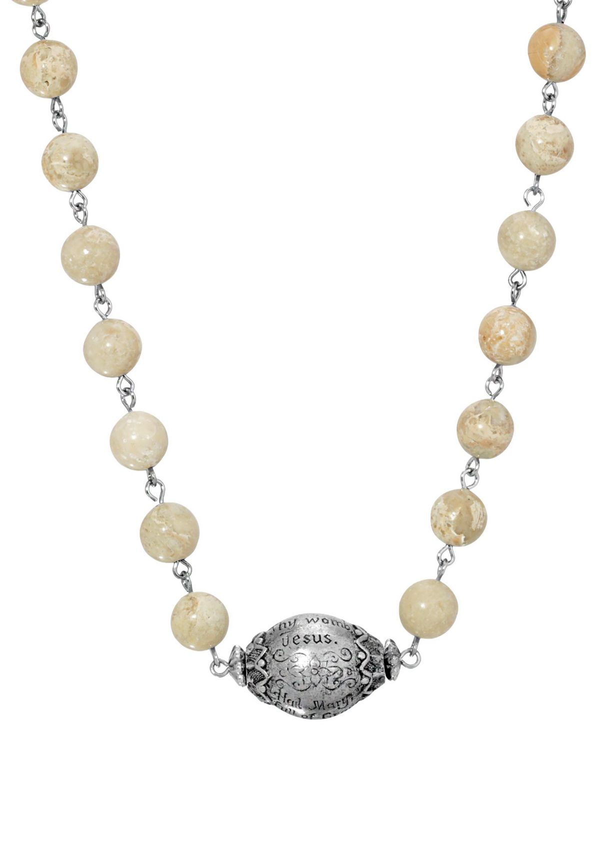 Silver Tone Hail Mary Beaded Prayer Genuine River Stone Necklace - 15" Adj.