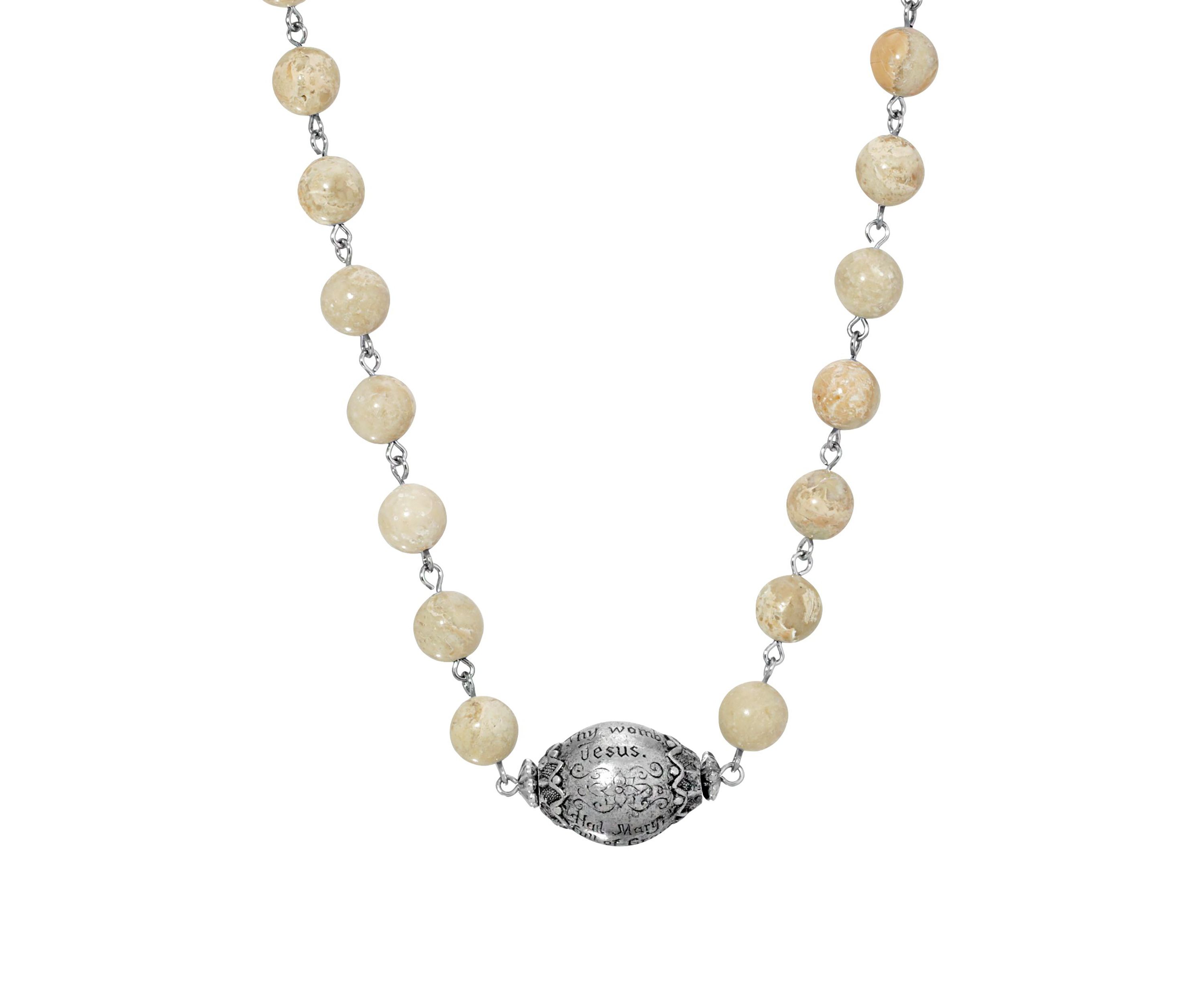 Silver Tone Hail Mary Beaded Prayer Genuine River Stone Necklace - 15" Adj.