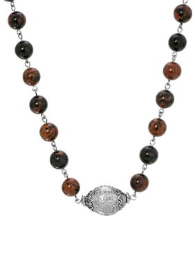 Silver Tone Hail Mary Beaded Prayer Genuine Brown Obsidian Necklace - 15" Adj.