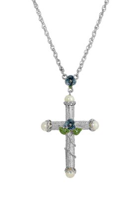 Silver-Tone Blue Enamel Cross Necklace - 30"