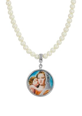 Silver Tone Pearl Round Mary and Child Pendant Necklace - 15" Adj.