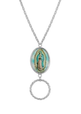 Silver Tone Oval Lady of Guadalupe Eye Glass Holder - 28"