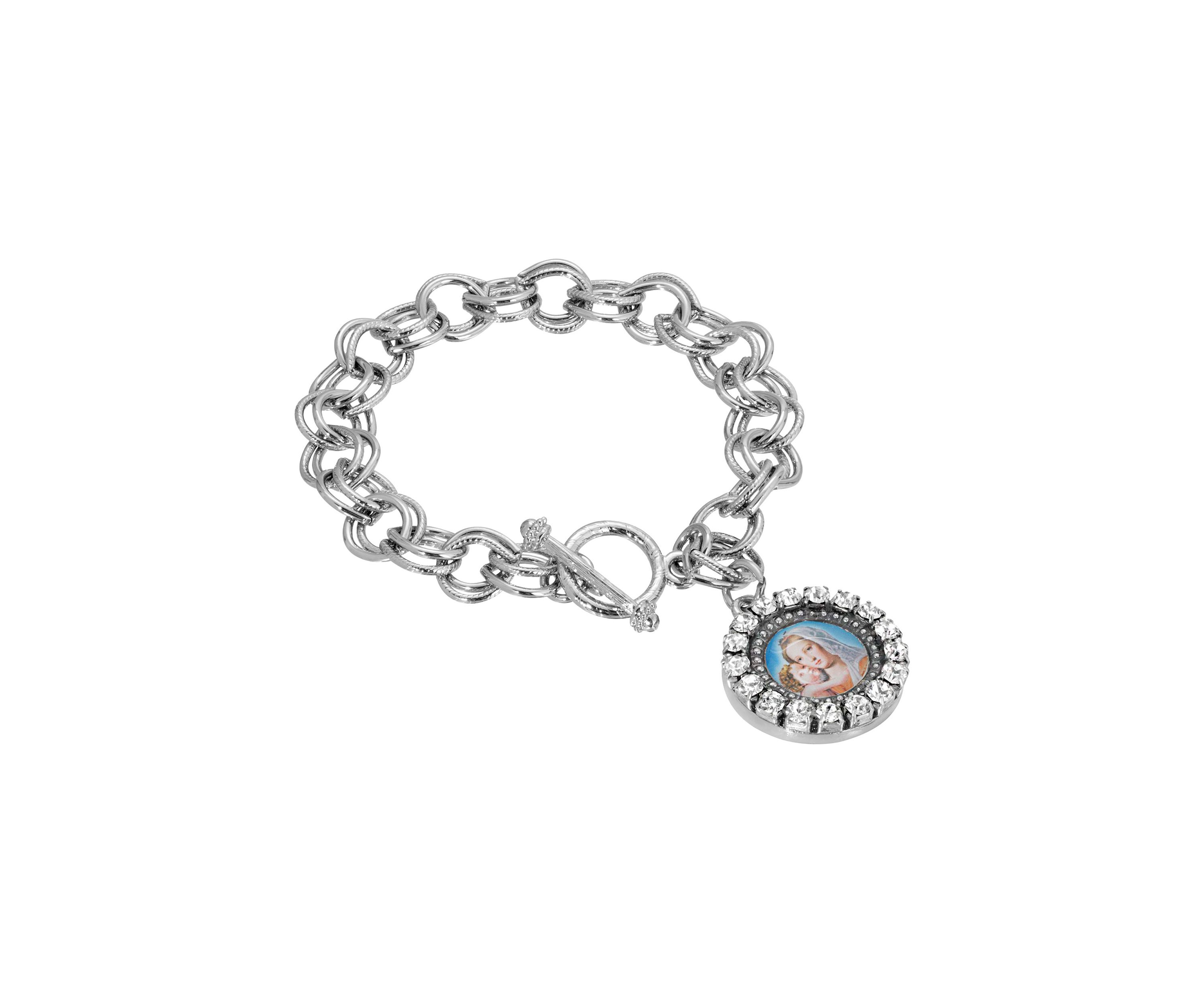 Silver Tone Toggel Mary and Child Charm Bracelet