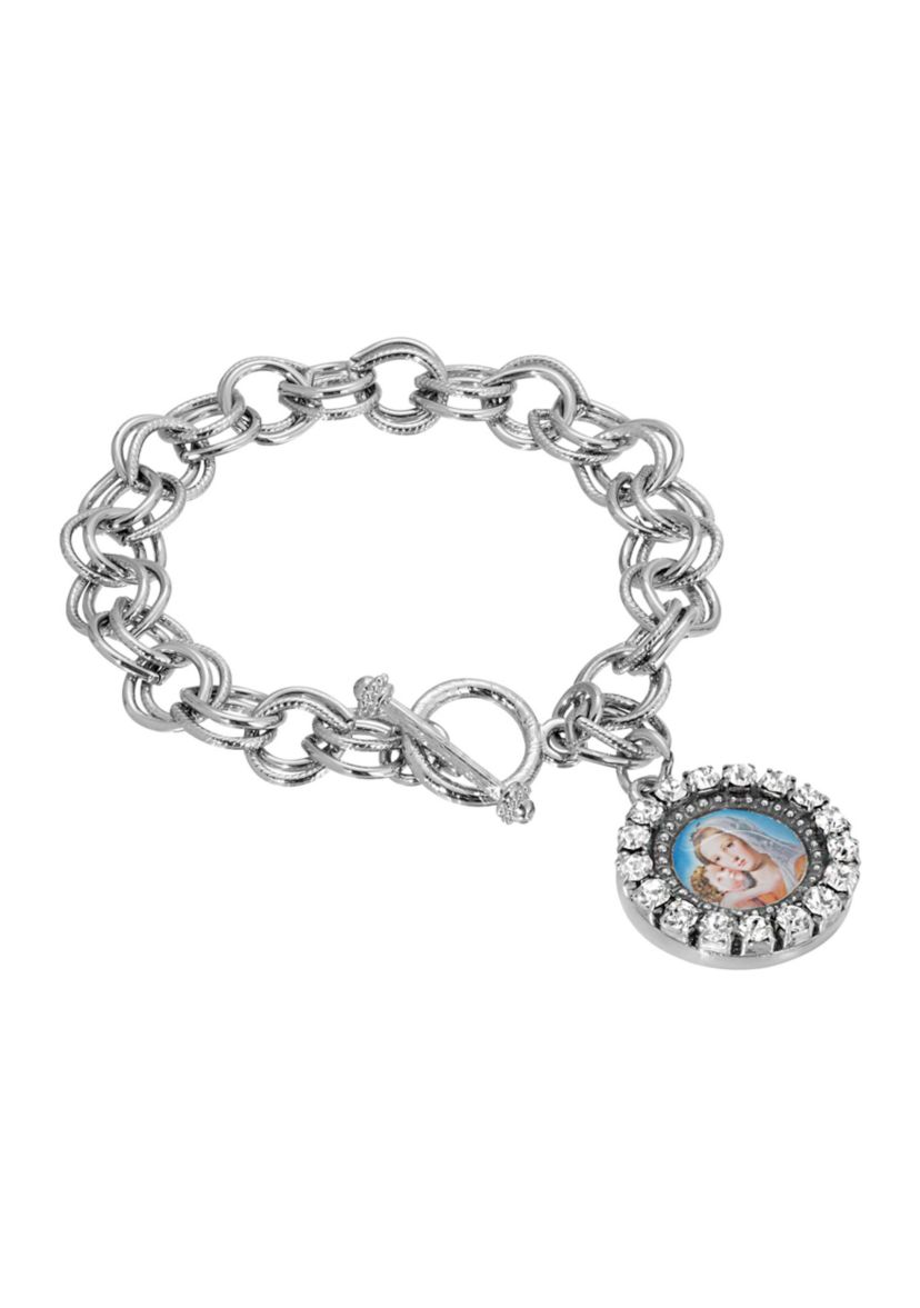Silver Tone Toggel Mary and Child Charm Bracelet
