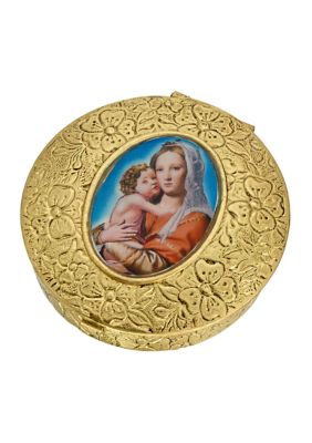 Gold Tone Round Mary and Child Pill Box