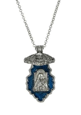 Pewter Crystal Blue Enamel Virgin Mary Locket Pendant - 28 Inch