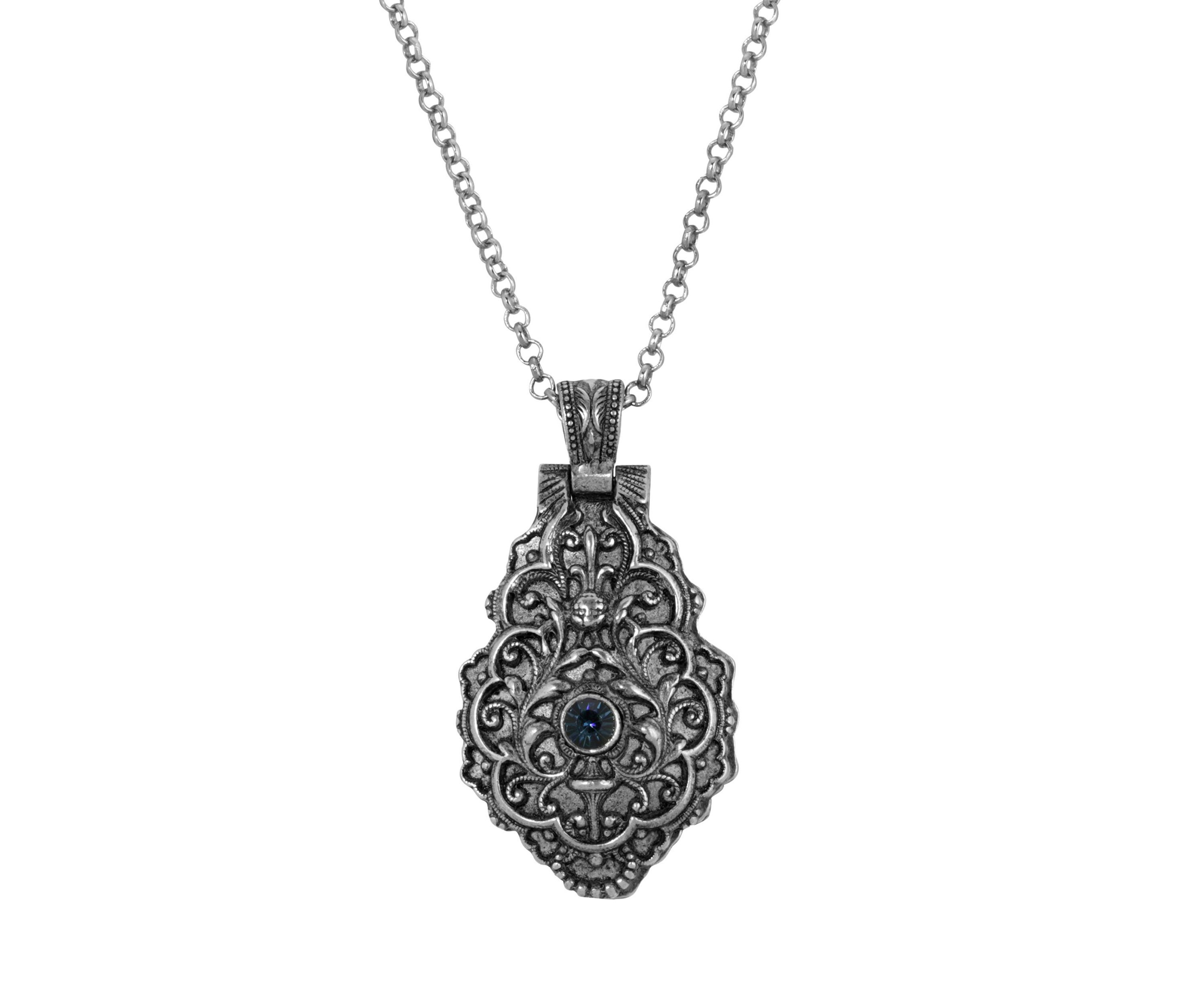 Pewter Blue Crystal Cross Locket Pendant Necklace - 28"