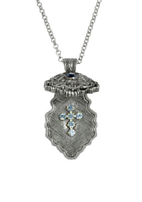 Pewter Blue Crystal Cross Locket Pendant Necklace - 28"