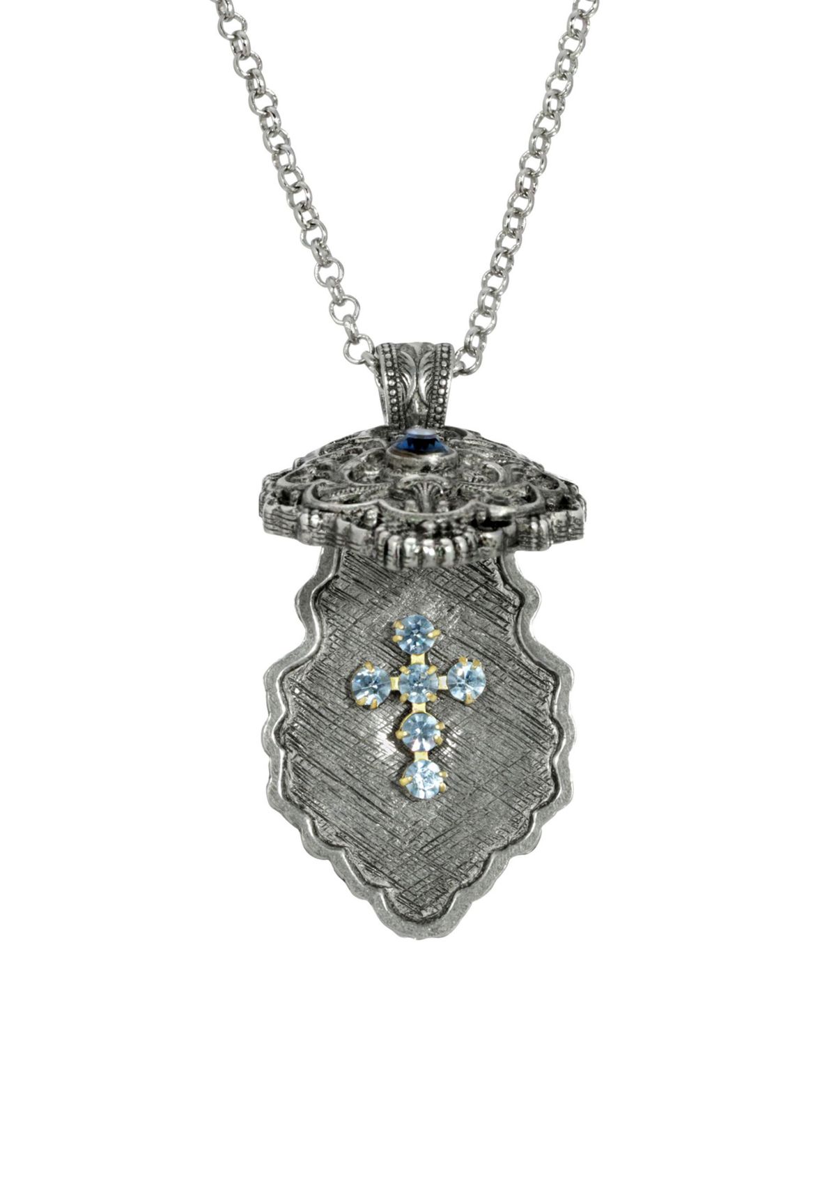 Pewter Blue Crystal Cross Locket Pendant Necklace - 28"