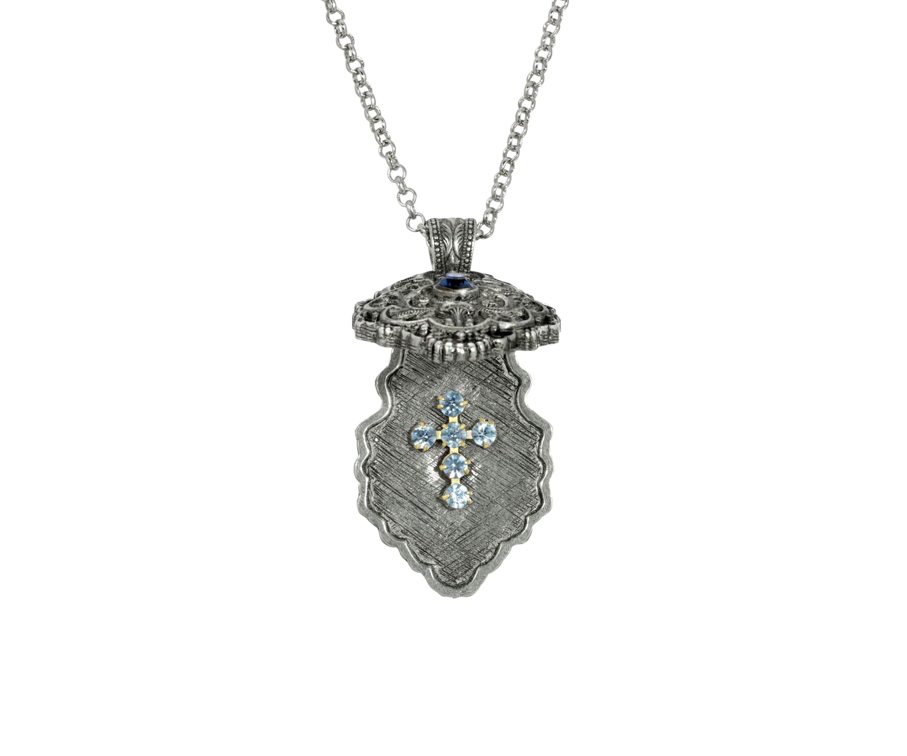 Pewter Blue Crystal Cross Locket Pendant Necklace - 28"