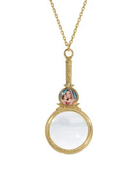 14k Gold Dipped Mary and Child Magnifying Glass Pendant - 36"