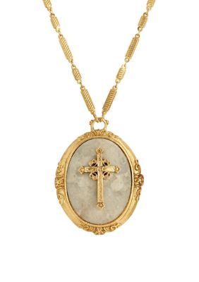 14K Gold Dipped Oval Riverstone Cross Pendant Necklace - 30"