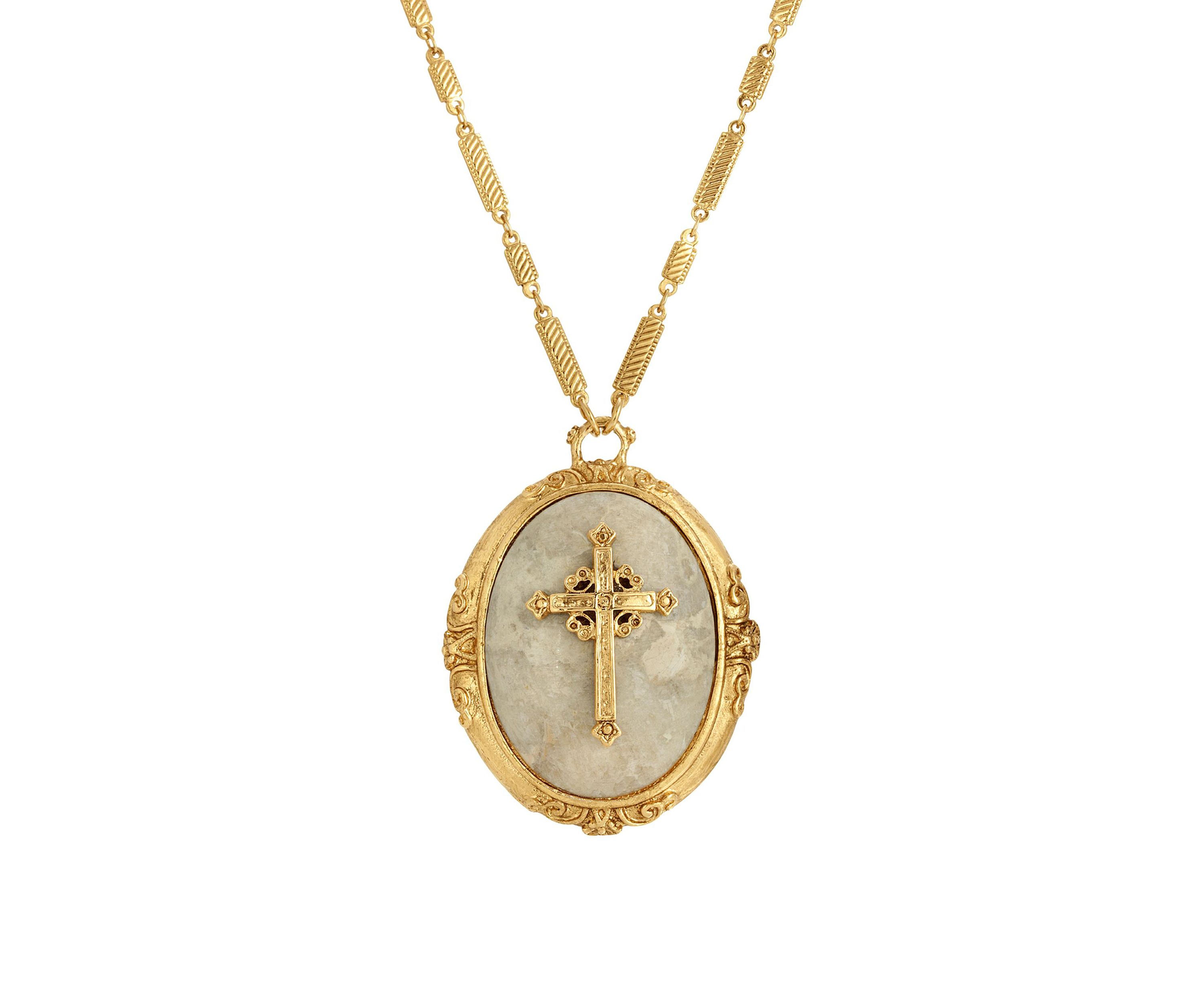 14K Gold Dipped Oval Riverstone Cross Pendant Necklace - 30"