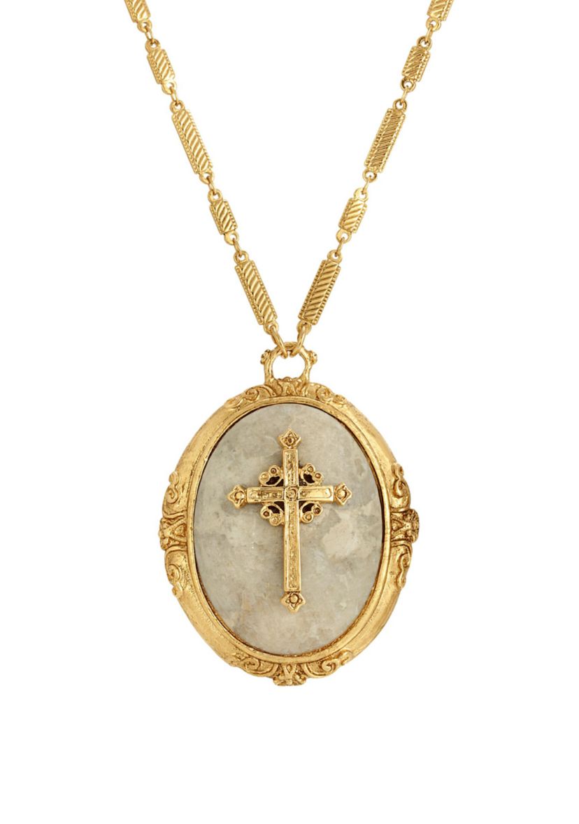 14K Gold Dipped Oval Riverstone Cross Pendant Necklace - 30"