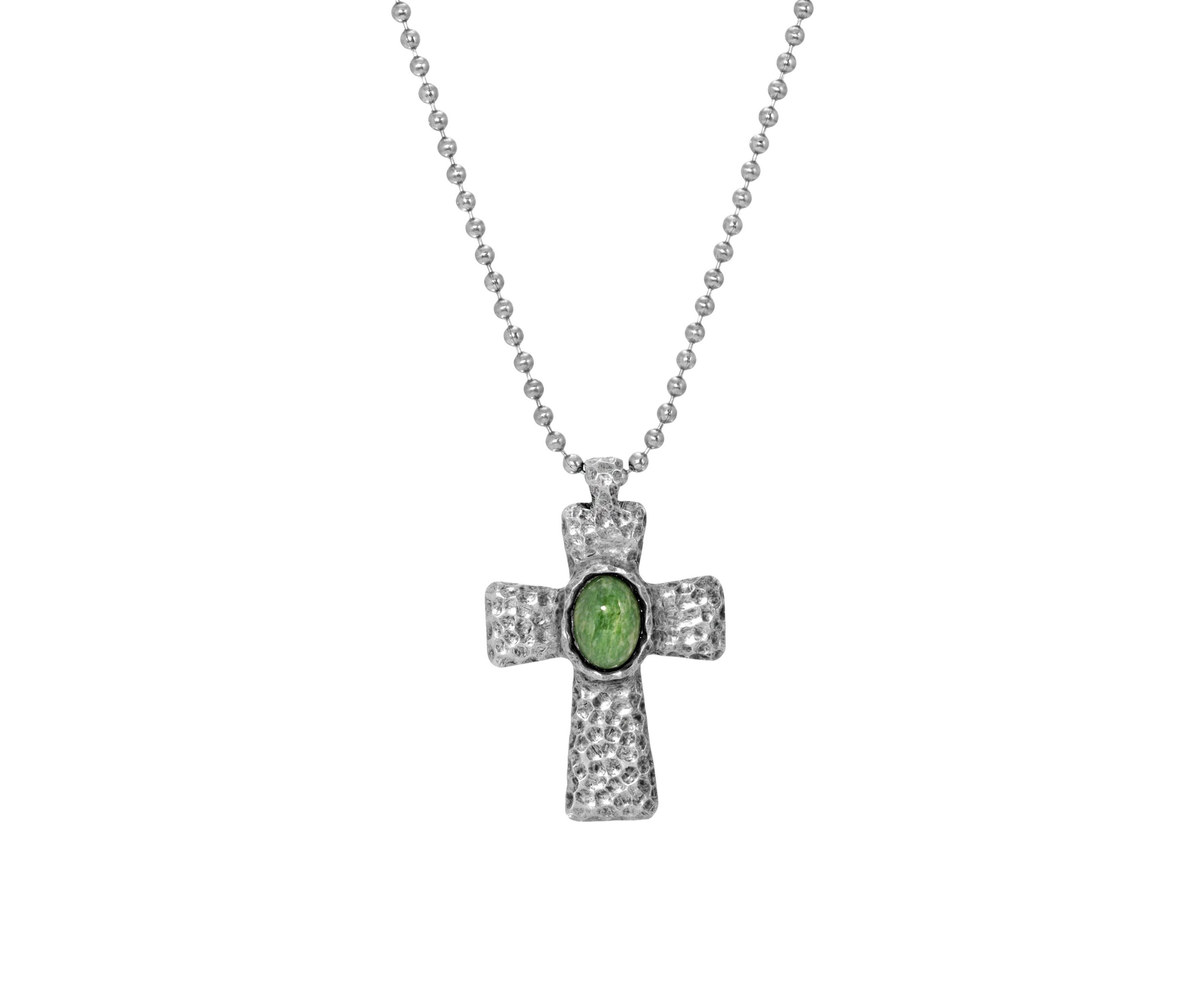 Silver Tone Green Mens Hammered Metal Cross Necklace - 22"