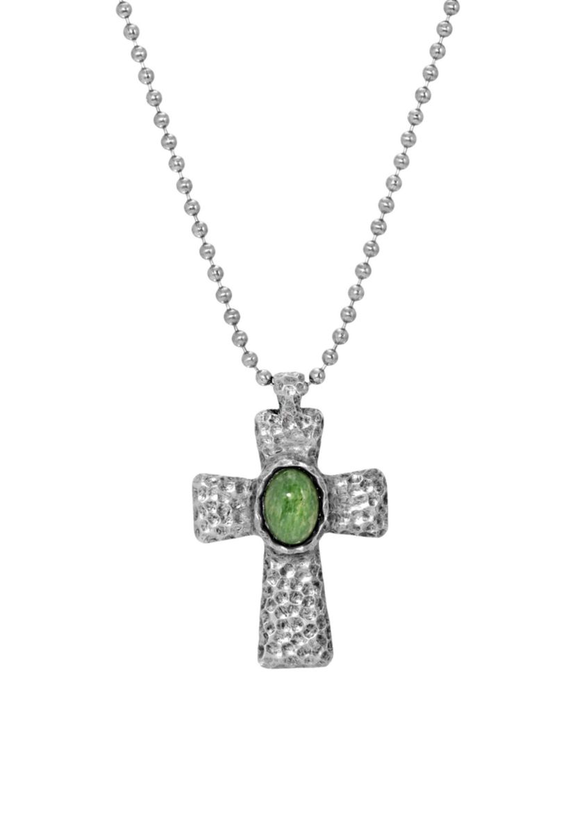Silver Tone Green Mens Hammered Metal Cross Necklace - 22"
