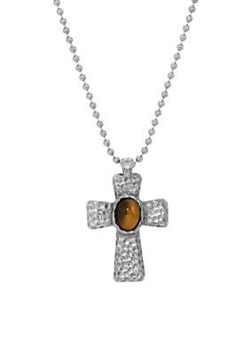 Silver Tone Tiger Eye Hammered Metal Cross Necklace - 22"
