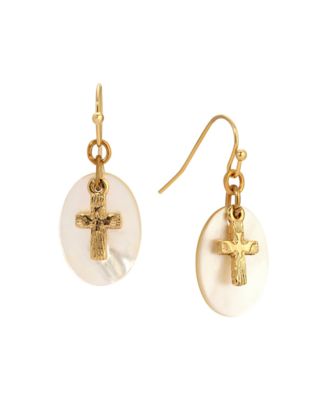Symbols of Faith Gold Tone Cross Mother Of Pearl Wire Earrings
