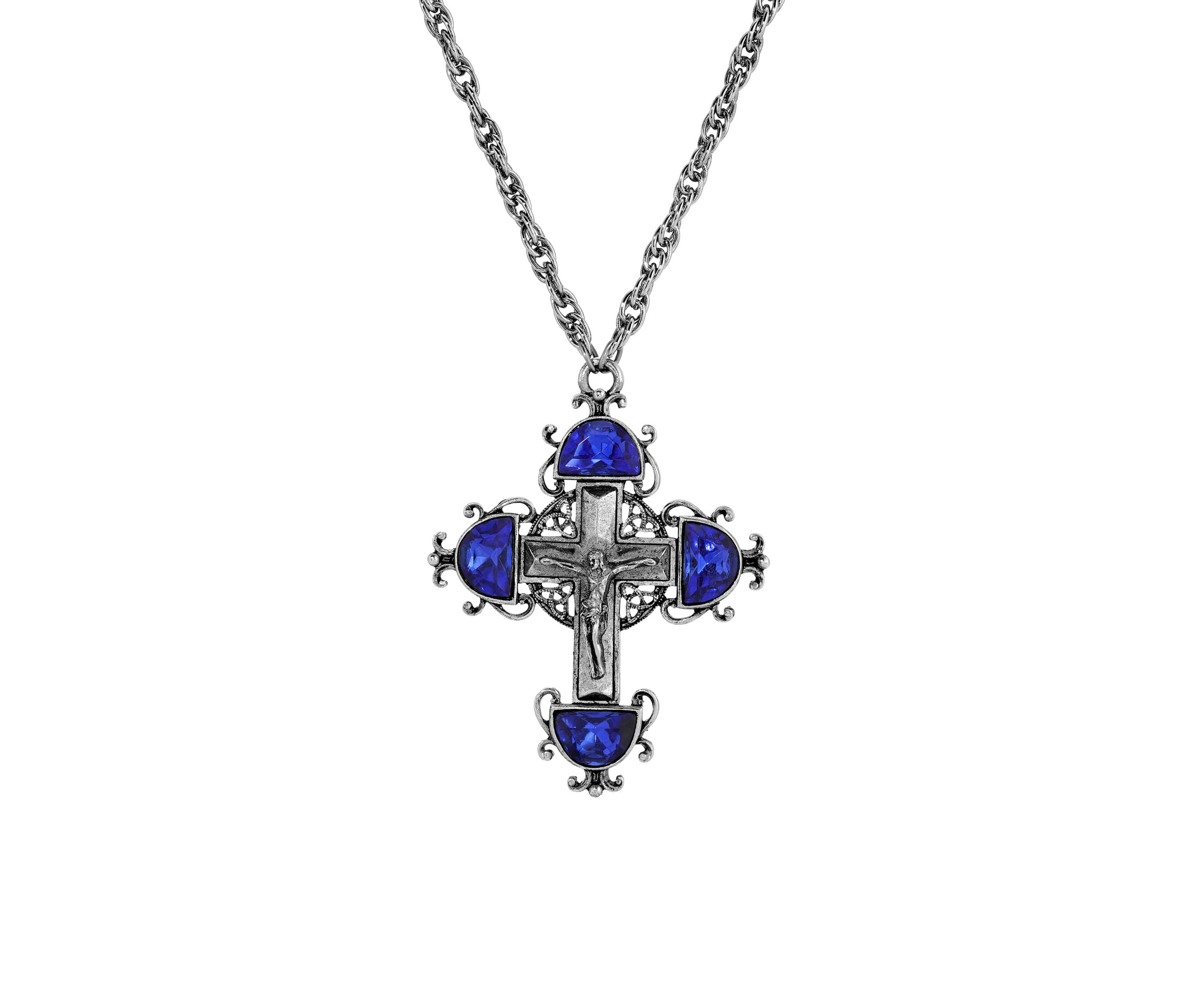Silver Tone Cross Crystal Necklace 28"