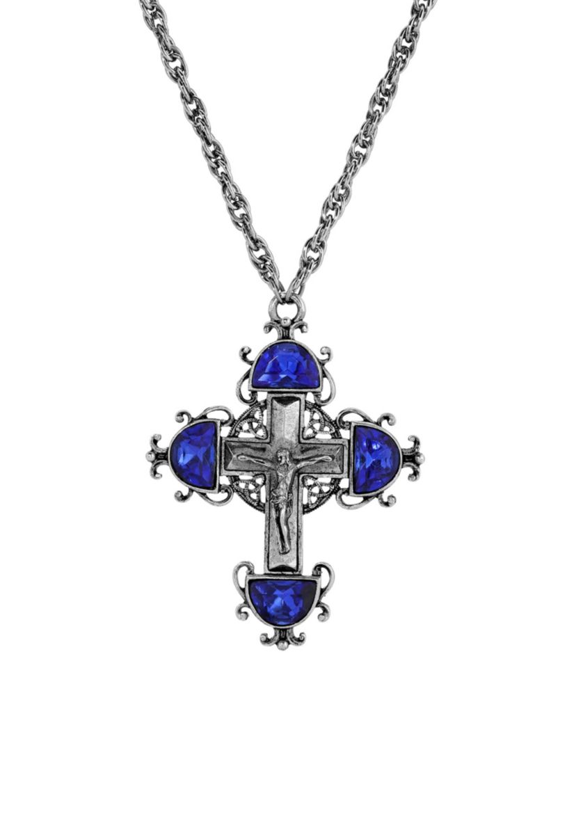 Silver Tone Cross Crystal Necklace 28"