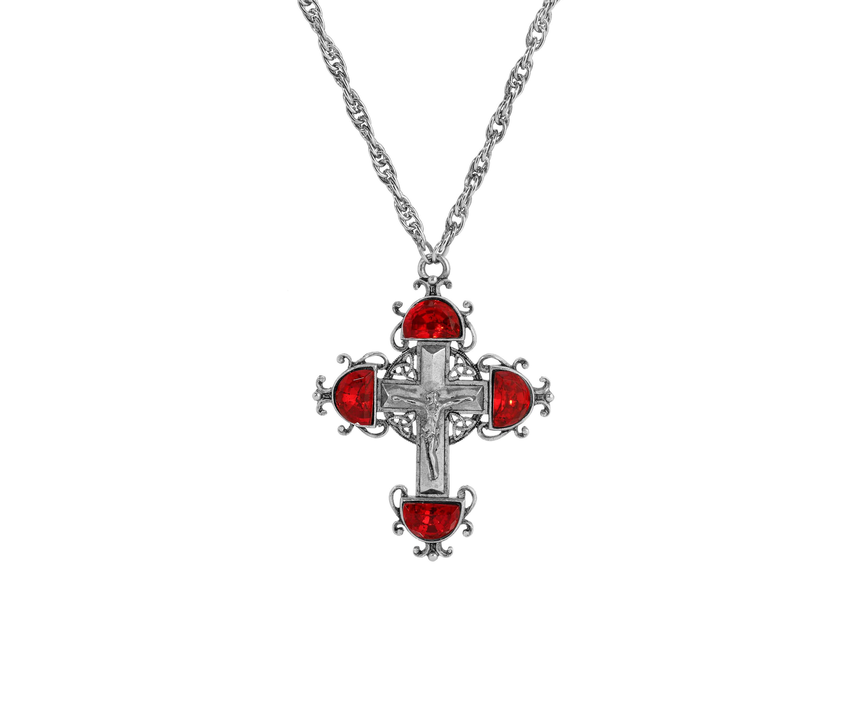 Silver Tone Cross Crystal Necklace 28"