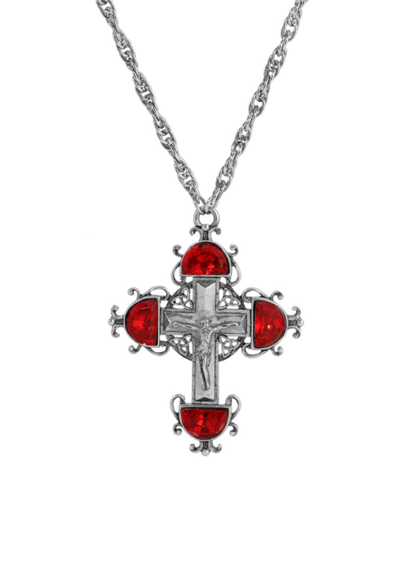 Silver Tone Cross Crystal Necklace 28"