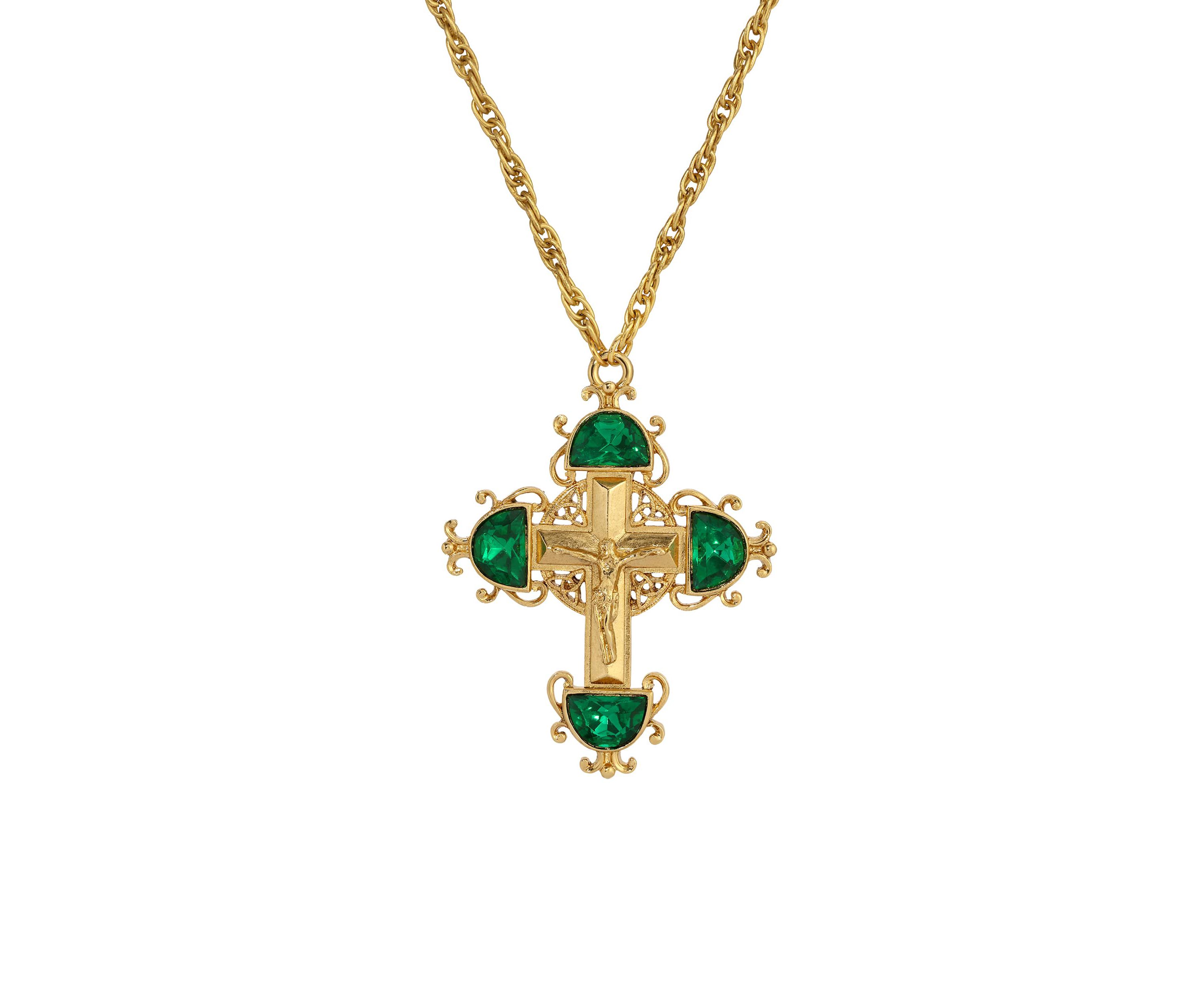 Gold Tone Cross Crystal Necklace 28"