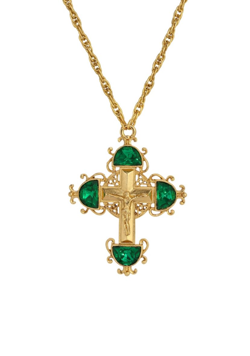 Gold Tone Cross Crystal Necklace 28"