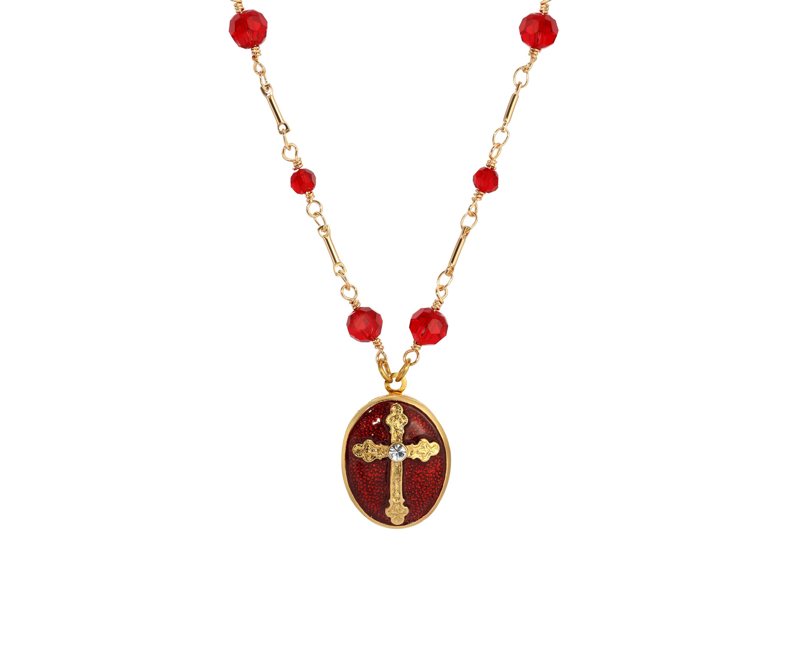 Red Enamel Cross Oval Locket 16"
