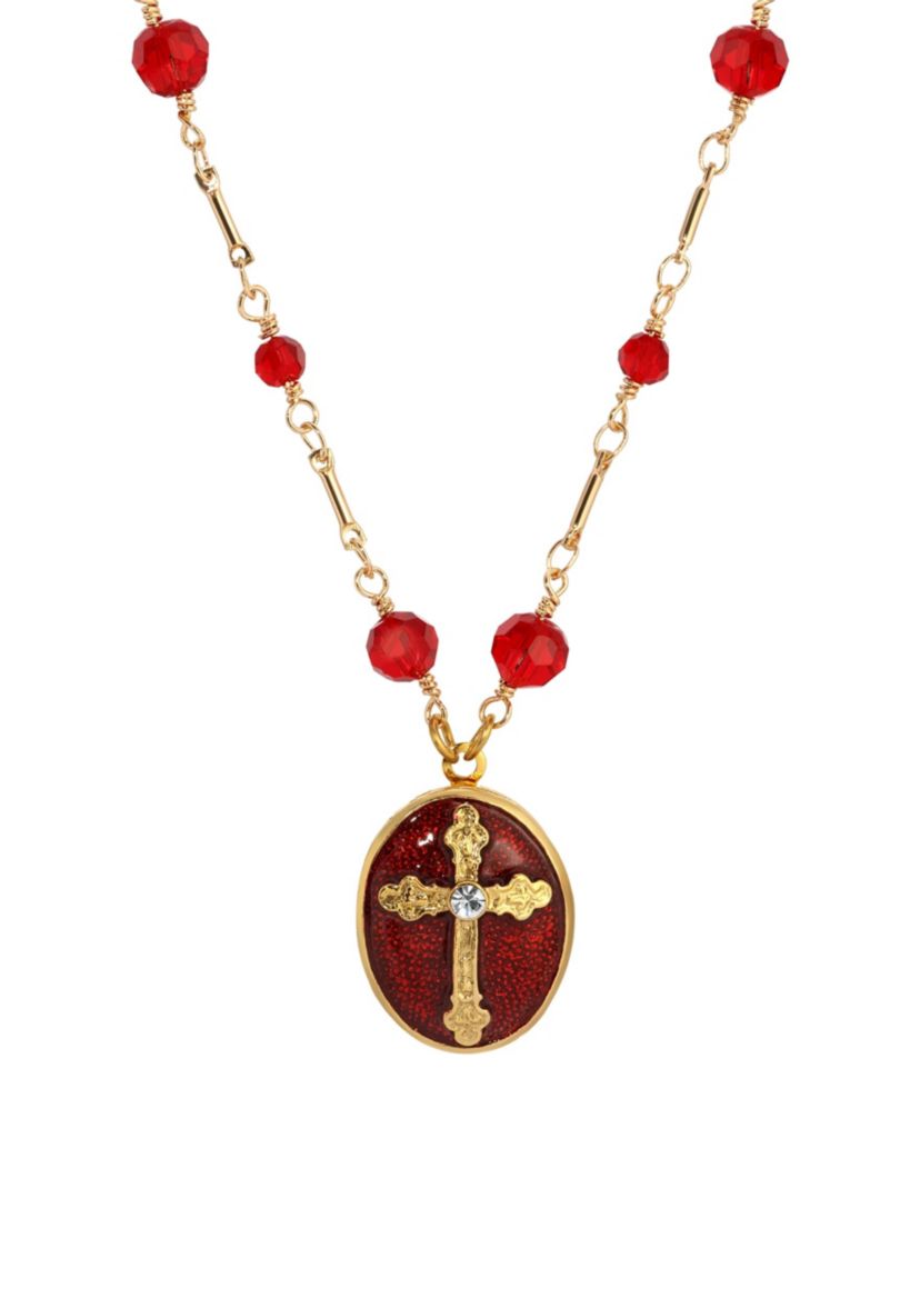 Red Enamel Cross Oval Locket 16"