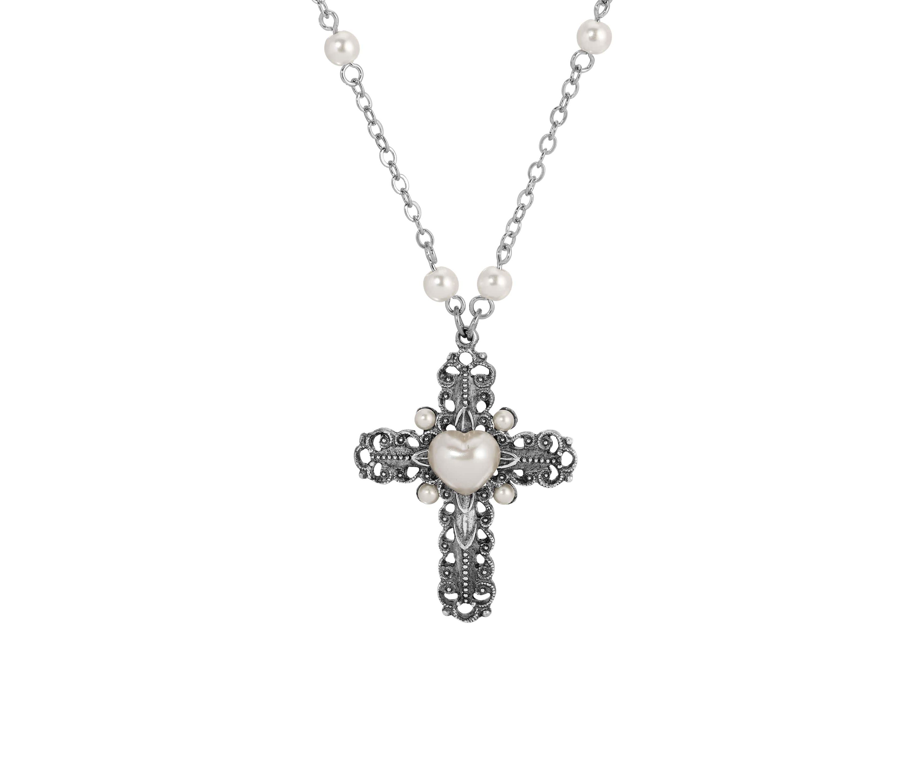 Cross Heart Faux Pearl Necklace 24"