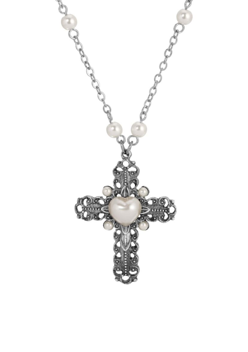 Cross Heart Faux Pearl Necklace 24"