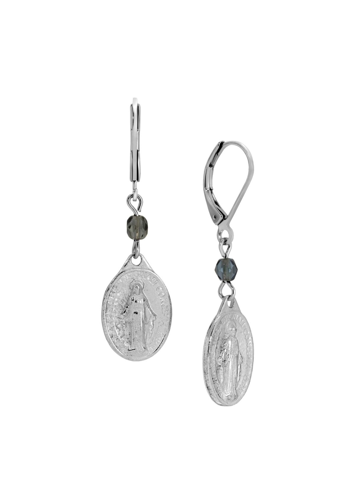 Silver Tone Oval Miraculous Medal Charm & Blue Bead Earrings