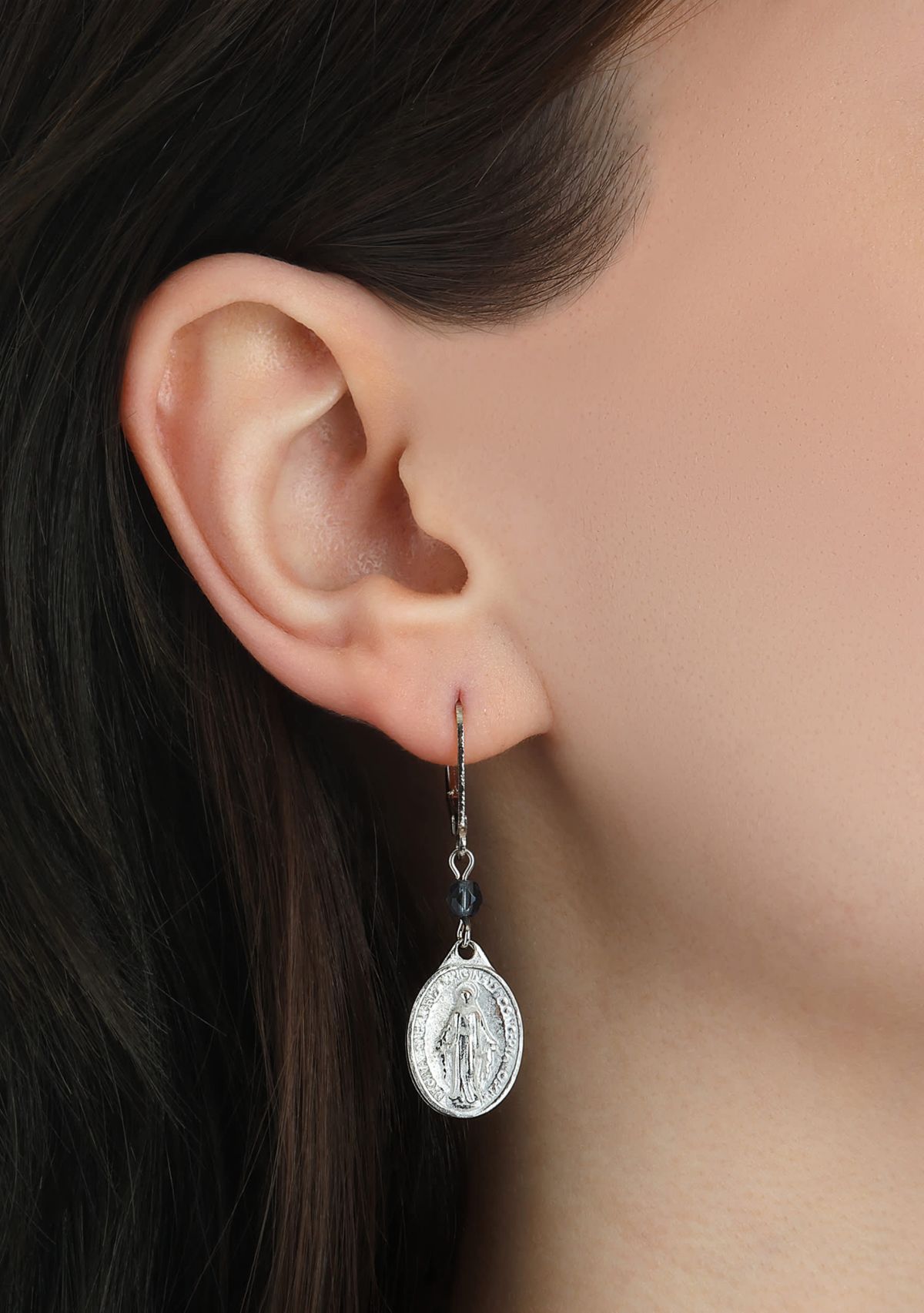 Silver Tone Oval Miraculous Medal Charm & Blue Bead Earrings