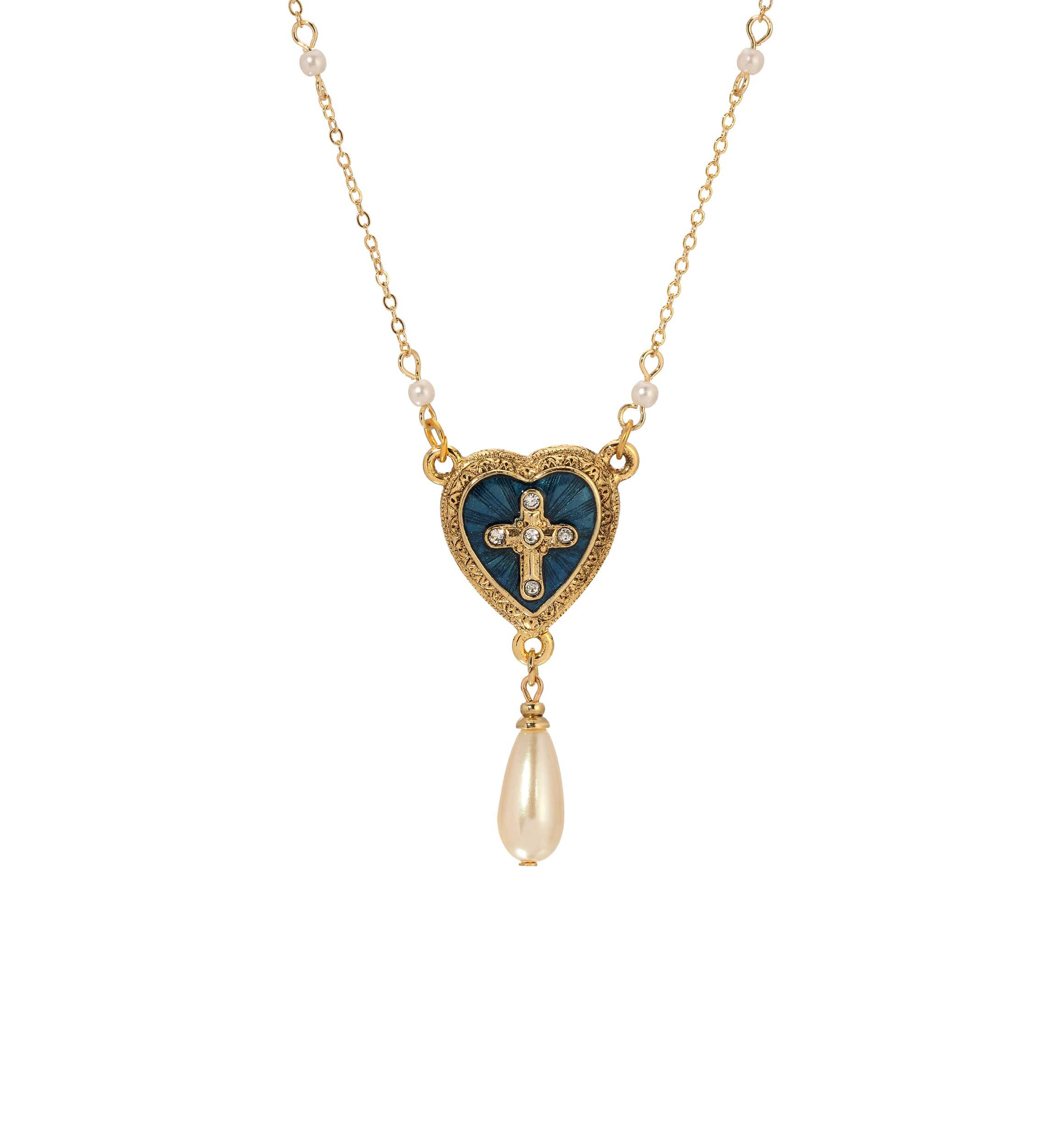 Blue Enamel Heart Cross Necklace 16" Adj
