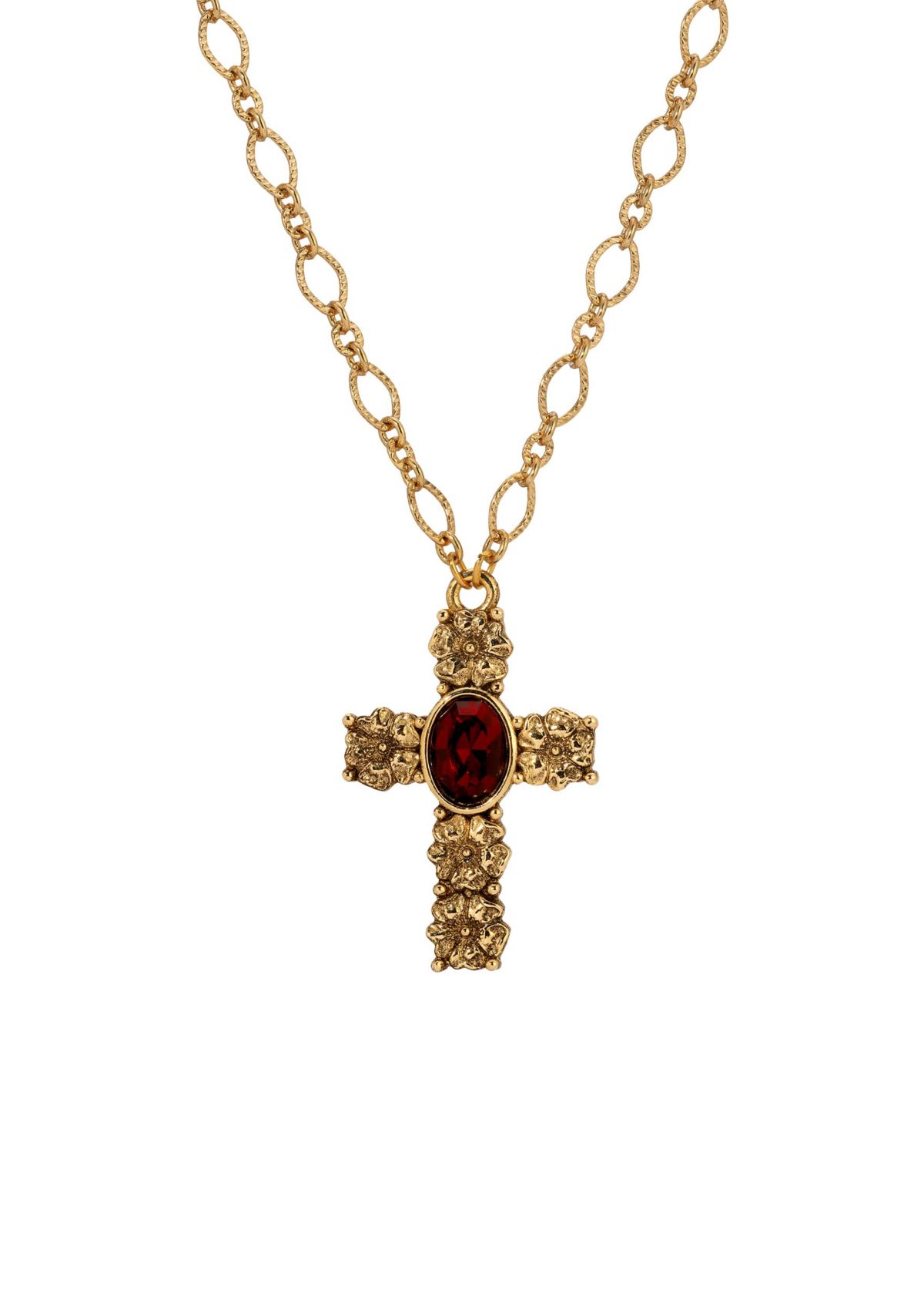 Cross Garnet Oval Stone Necklace 28"