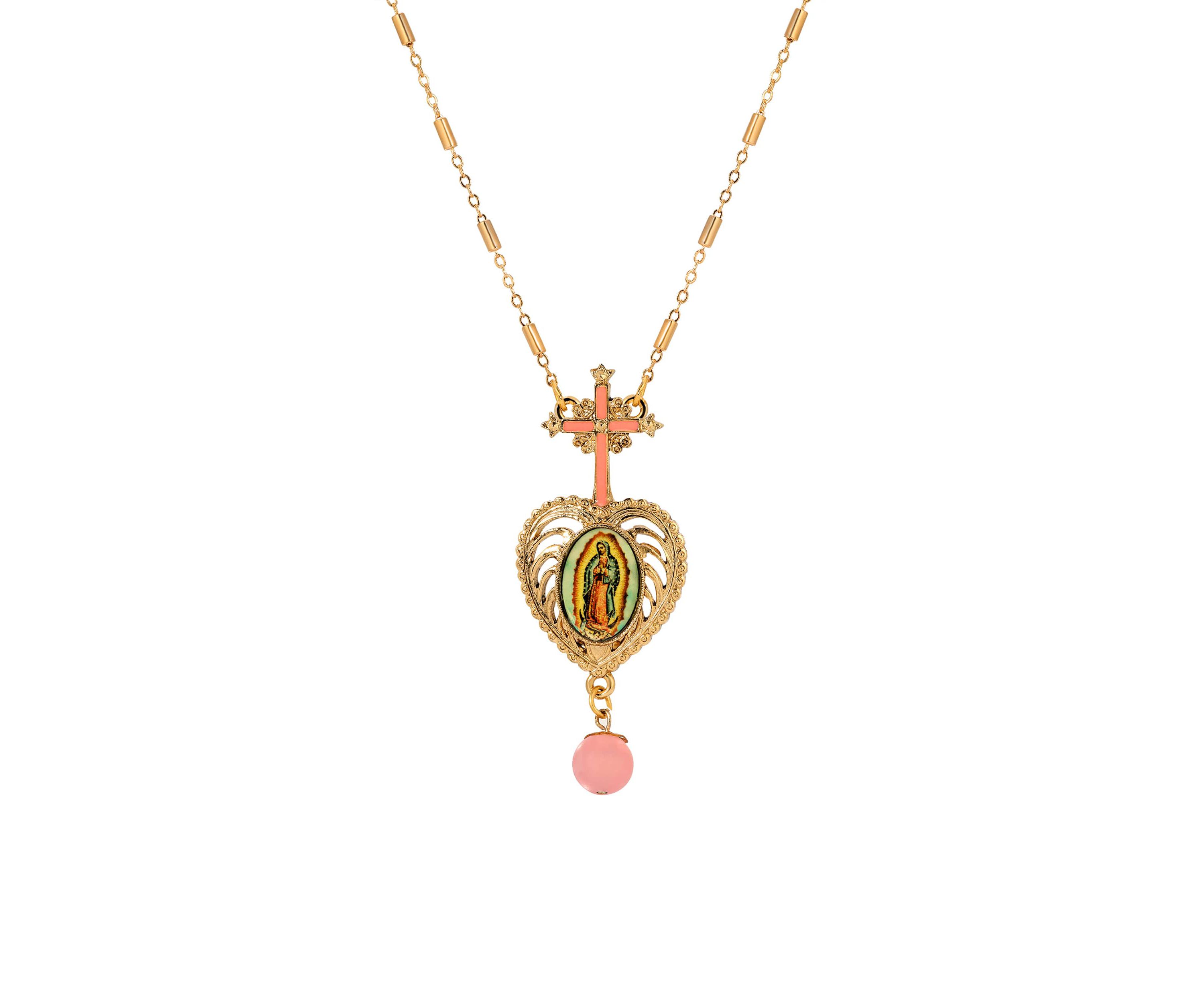 Cross Pink Heart Guadalupe Necklace 28"