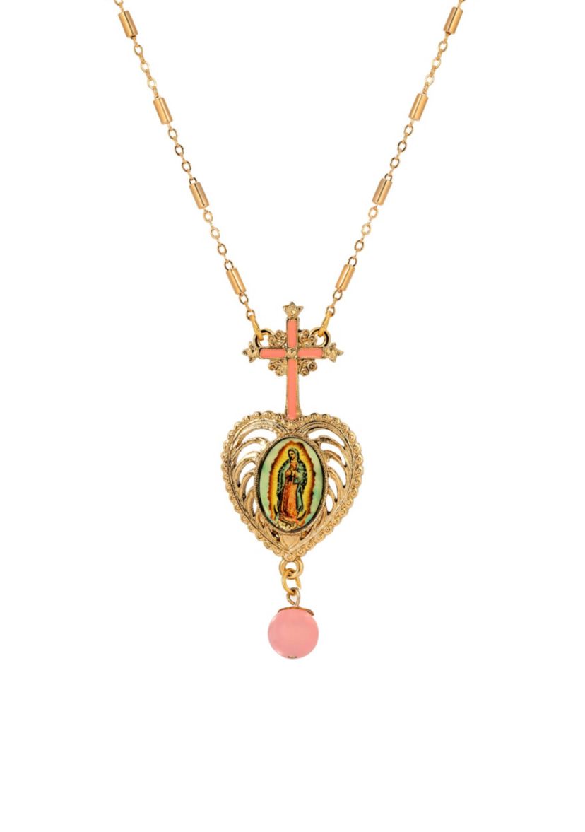 Cross Pink Heart Guadalupe Necklace 28"